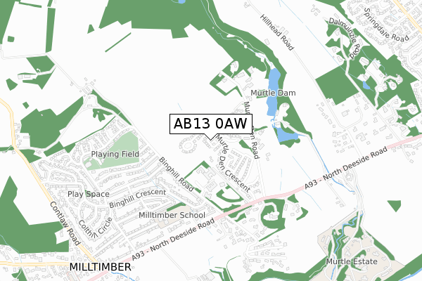 AB13 0AW map - small scale - OS Open Zoomstack (Ordnance Survey)