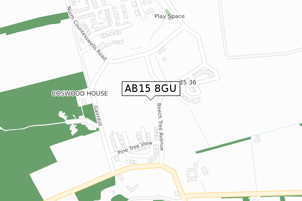 AB15 8GU map - large scale - OS Open Zoomstack (Ordnance Survey)