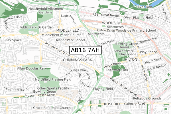 AB16 7AH map - small scale - OS Open Zoomstack (Ordnance Survey)