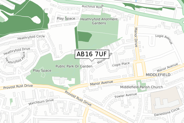AB16 7UF map - large scale - OS Open Zoomstack (Ordnance Survey)