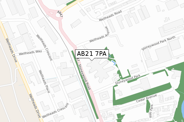AB21 7PA map - large scale - OS Open Zoomstack (Ordnance Survey)