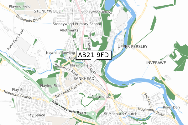 AB21 9FD map - small scale - OS Open Zoomstack (Ordnance Survey)