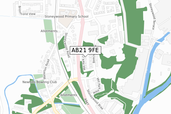 AB21 9FE map - large scale - OS Open Zoomstack (Ordnance Survey)