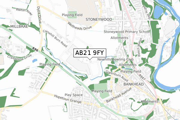 AB21 9FY map - small scale - OS Open Zoomstack (Ordnance Survey)