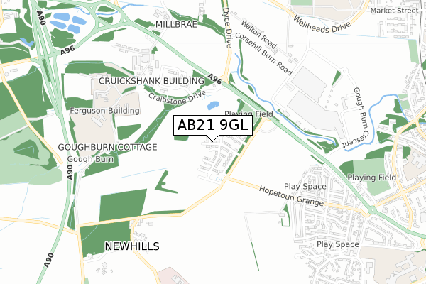 AB21 9GL map - small scale - OS Open Zoomstack (Ordnance Survey)
