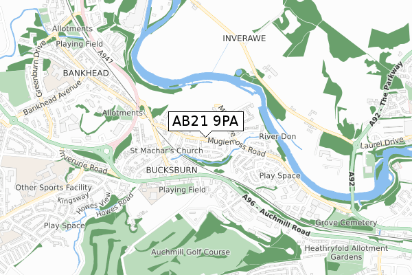 AB21 9PA map - small scale - OS Open Zoomstack (Ordnance Survey)