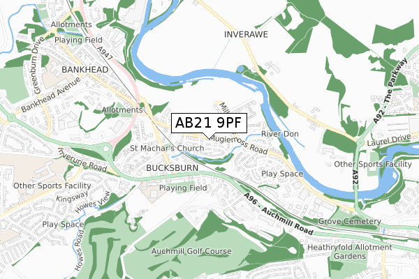 AB21 9PF map - small scale - OS Open Zoomstack (Ordnance Survey)