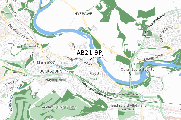 AB21 9PJ map - small scale - OS Open Zoomstack (Ordnance Survey)