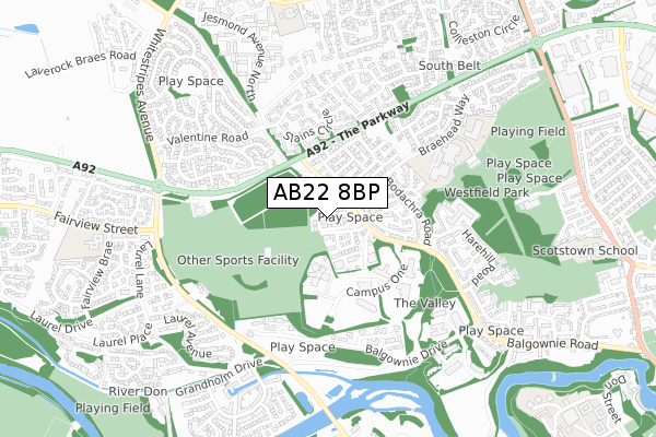 AB22 8BP map - small scale - OS Open Zoomstack (Ordnance Survey)