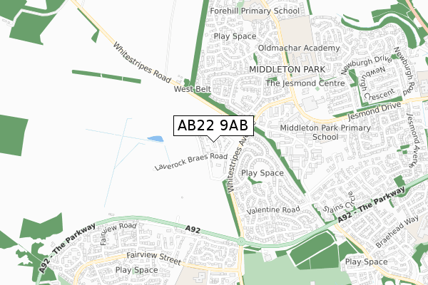 AB22 9AB map - small scale - OS Open Zoomstack (Ordnance Survey)