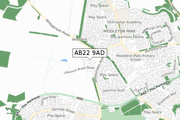 AB22 9AD map - small scale - OS Open Zoomstack (Ordnance Survey)