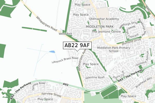 AB22 9AF map - small scale - OS Open Zoomstack (Ordnance Survey)