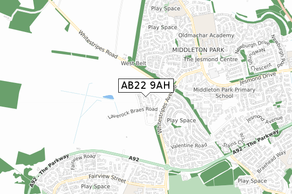 AB22 9AH map - small scale - OS Open Zoomstack (Ordnance Survey)