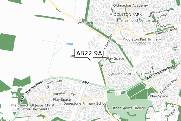 AB22 9AJ map - small scale - OS Open Zoomstack (Ordnance Survey)