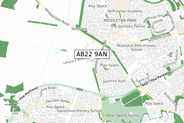 AB22 9AN map - small scale - OS Open Zoomstack (Ordnance Survey)