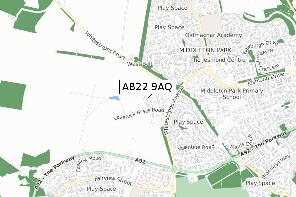 AB22 9AQ map - small scale - OS Open Zoomstack (Ordnance Survey)
