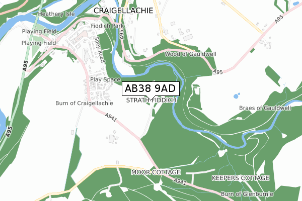 AB38 9AD map - small scale - OS Open Zoomstack (Ordnance Survey)