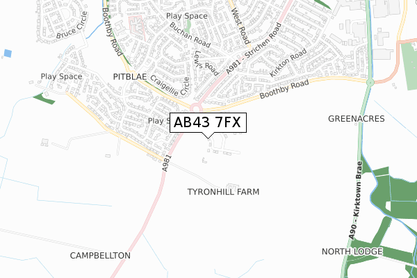 AB43 7FX map - small scale - OS Open Zoomstack (Ordnance Survey)