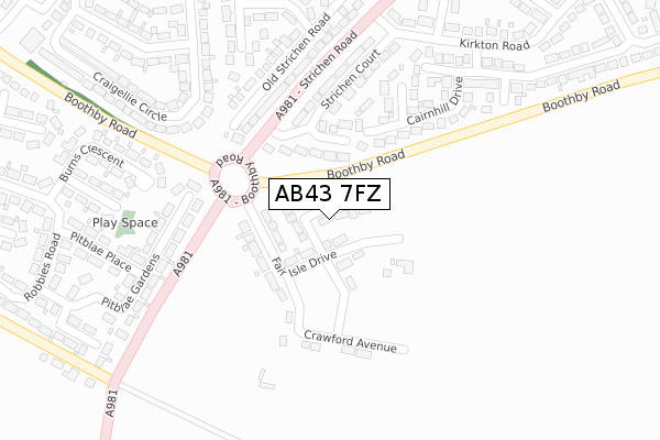 AB43 7FZ map - large scale - OS Open Zoomstack (Ordnance Survey)