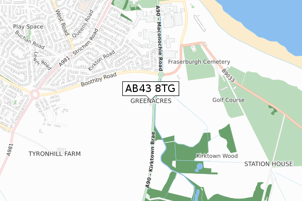 AB43 8TG map - small scale - OS Open Zoomstack (Ordnance Survey)