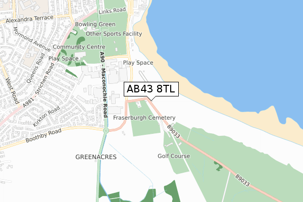 AB43 8TL map - small scale - OS Open Zoomstack (Ordnance Survey)