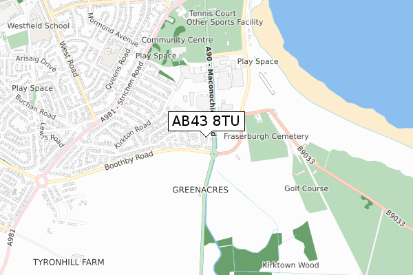 AB43 8TU map - small scale - OS Open Zoomstack (Ordnance Survey)