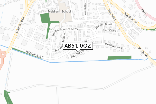 AB51 0QZ map - large scale - OS Open Zoomstack (Ordnance Survey)