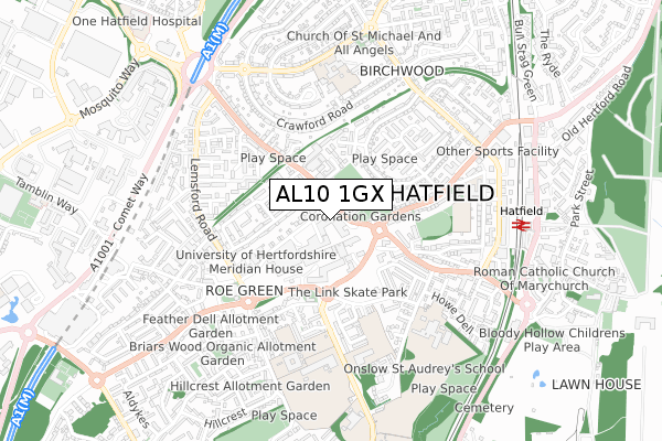 AL10 1GX map - small scale - OS Open Zoomstack (Ordnance Survey)