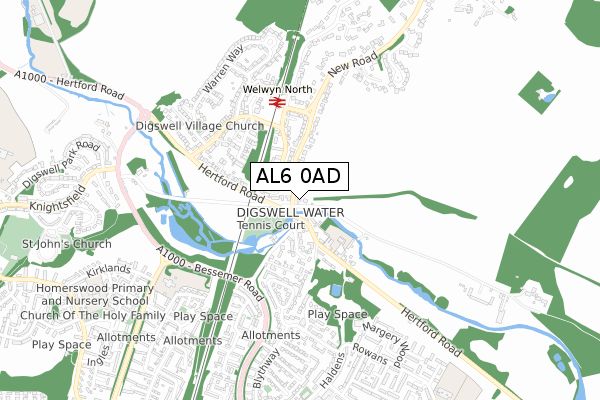 AL6 0AD map - small scale - OS Open Zoomstack (Ordnance Survey)