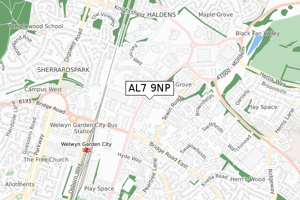 AL7 9NP map - small scale - OS Open Zoomstack (Ordnance Survey)