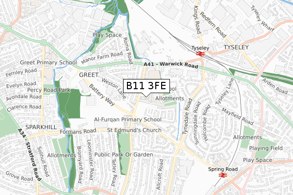 B11 3FE map - small scale - OS Open Zoomstack (Ordnance Survey)