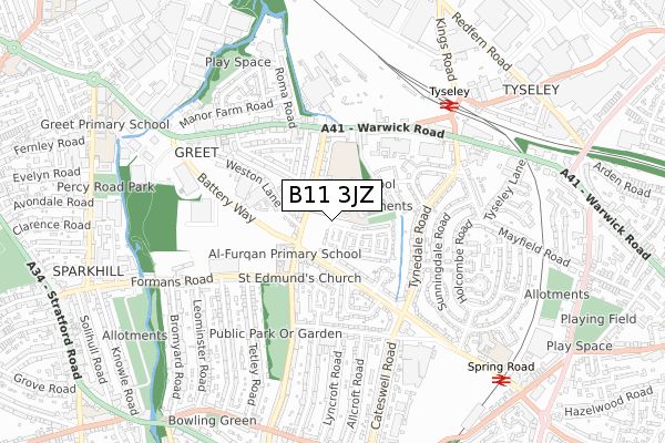 B11 3JZ map - small scale - OS Open Zoomstack (Ordnance Survey)