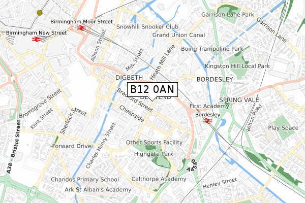 B12 0AN map - small scale - OS Open Zoomstack (Ordnance Survey)