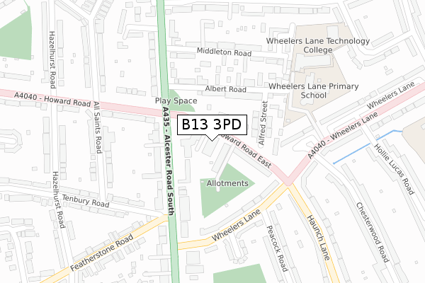 B13 3PD map - large scale - OS Open Zoomstack (Ordnance Survey)