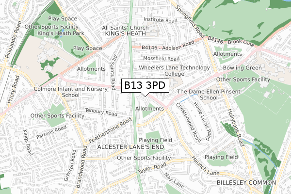 B13 3PD map - small scale - OS Open Zoomstack (Ordnance Survey)