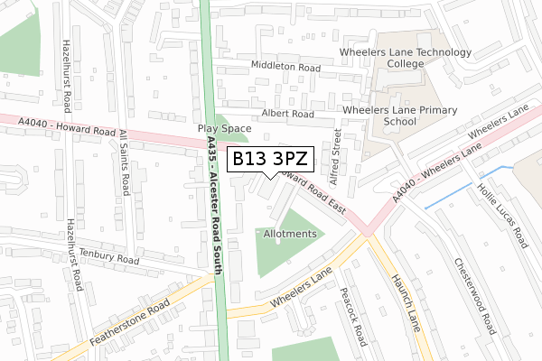 B13 3PZ map - large scale - OS Open Zoomstack (Ordnance Survey)