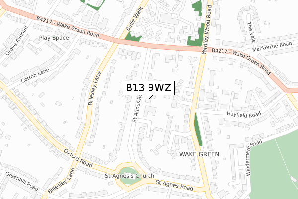 B13 9WZ map - large scale - OS Open Zoomstack (Ordnance Survey)