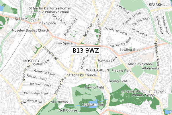 B13 9WZ map - small scale - OS Open Zoomstack (Ordnance Survey)
