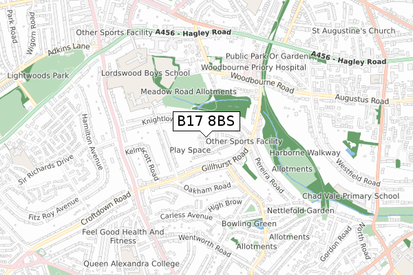 B17 8BS map - small scale - OS Open Zoomstack (Ordnance Survey)