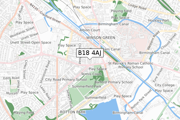 B18 4AJ map - small scale - OS Open Zoomstack (Ordnance Survey)