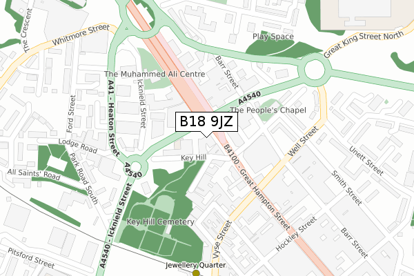 B18 9JZ map - large scale - OS Open Zoomstack (Ordnance Survey)