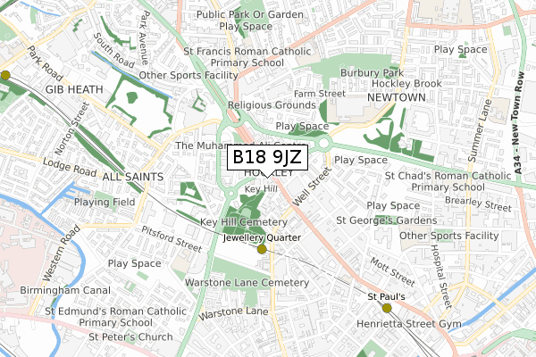 B18 9JZ map - small scale - OS Open Zoomstack (Ordnance Survey)