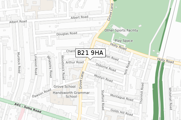 B21 9HA map - large scale - OS Open Zoomstack (Ordnance Survey)