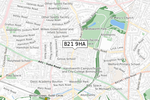 B21 9HA map - small scale - OS Open Zoomstack (Ordnance Survey)