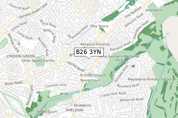 B26 3YN map - small scale - OS Open Zoomstack (Ordnance Survey)