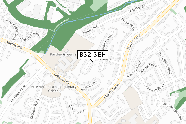 B32 3EH map - large scale - OS Open Zoomstack (Ordnance Survey)