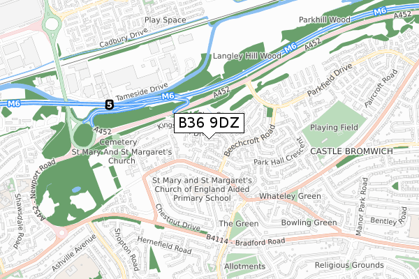 B36 9DZ map - small scale - OS Open Zoomstack (Ordnance Survey)