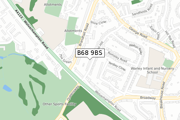 B68 9BS map - large scale - OS Open Zoomstack (Ordnance Survey)