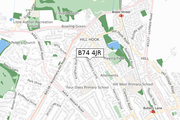 B74 4JR map - small scale - OS Open Zoomstack (Ordnance Survey)