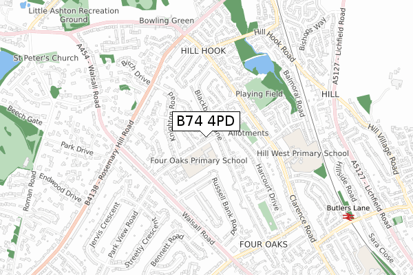 B74 4PD map - small scale - OS Open Zoomstack (Ordnance Survey)